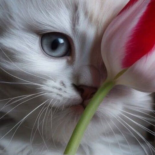 Silver cat with grey-blue eyes and a red flower